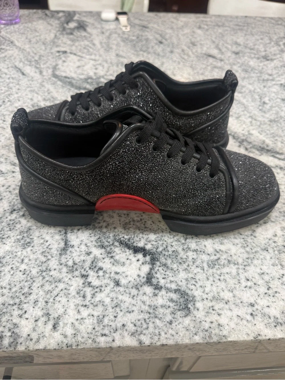 Christian Louboutin Men's Black Glitter Low-Top Sneakers with Sparkle